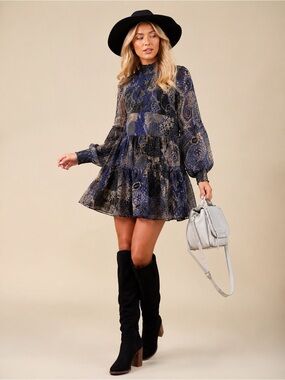 Olivaceous Boho Paisley Patchwork Mini Dress Size Small Blue Sheer Long Sleeve